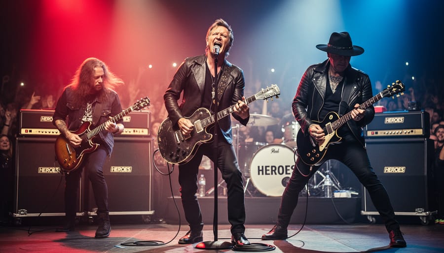 Three rock musicians perform live under red and blue spotlights, center guitarist singing into a microphone while two bandmates flank him, with smoke, blurred crowd, amp stacks, and drum kit in the background, evoking a gritty tribute to David Bowie’s “Heroes.”