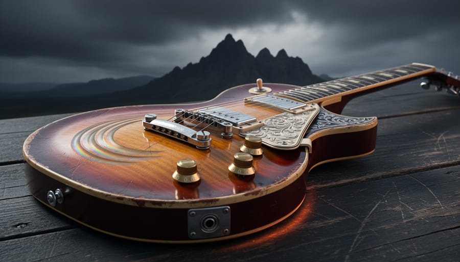 Close-up of a vintage electric guitar on a dark wooden surface with storm clouds and a silhouetted mountain ridge in the blurred background.