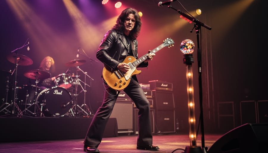 Electric guitarist on a late-1970s rock stage under purple and gold spotlights, with a drum kit and smoky concert atmosphere in the background.