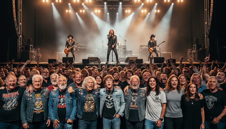 Excited concert crowd with raised hands at live rock performance