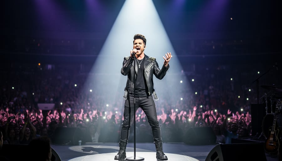 Adam Lambert singing on a stage with haze and stage lights, microphone in clear focus