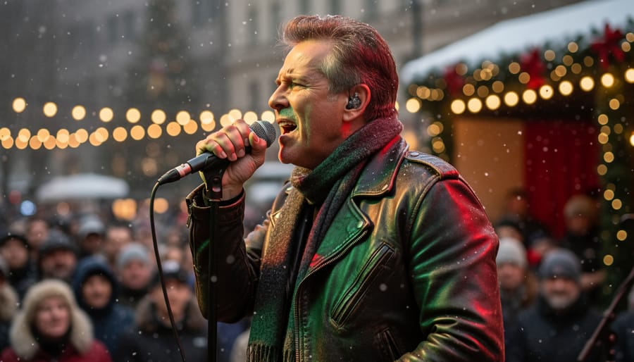 Bruce Springsteen performing at a winter holiday concert with soft snow and blurred red-and-green stage lights in the background