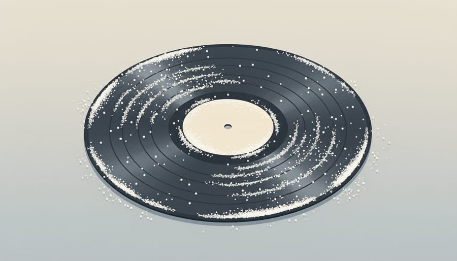 Close-up of a vinyl record and sleeve on a snowy brick sidewalk