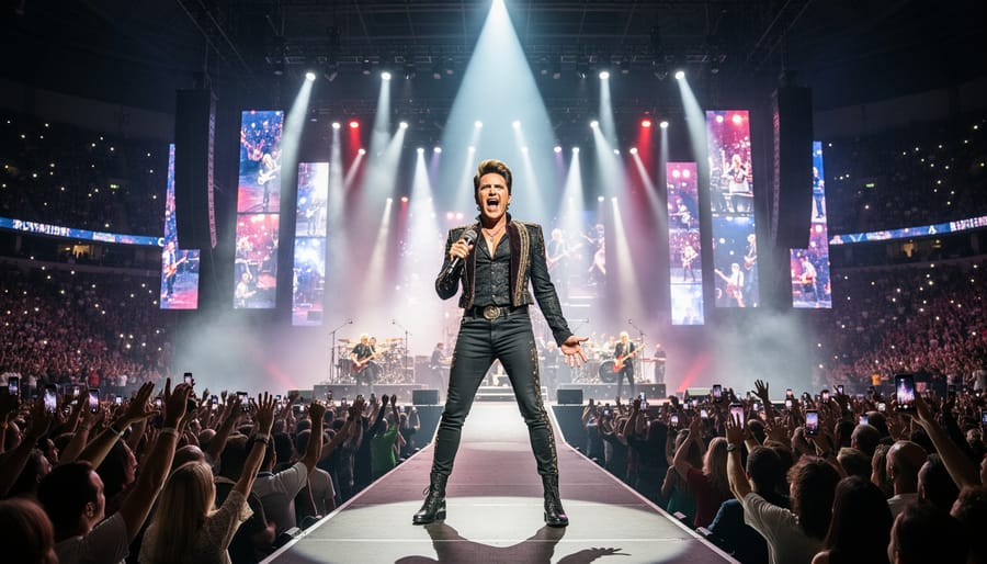 Concert stage scene with Adam Lambert front and Queen band members performing under dramatic spotlights