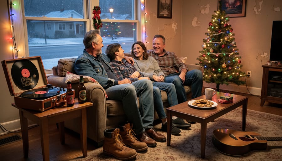 Family in winter coats gathered around a kitchen table with a record and warm drinks during Christmas