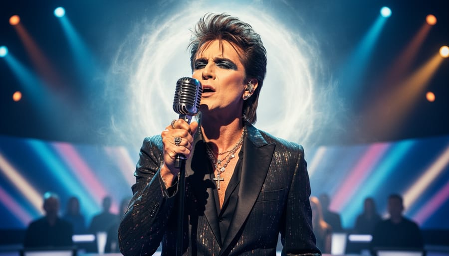 Adam Lambert singing into a microphone on an American Idol-style stage with haze and colorful spotlight beams in the background.