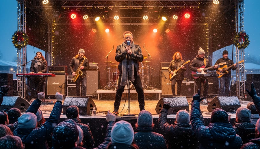 Winter rock stage with a guitar on a microphone stand, a red amplifier, and soft string lights