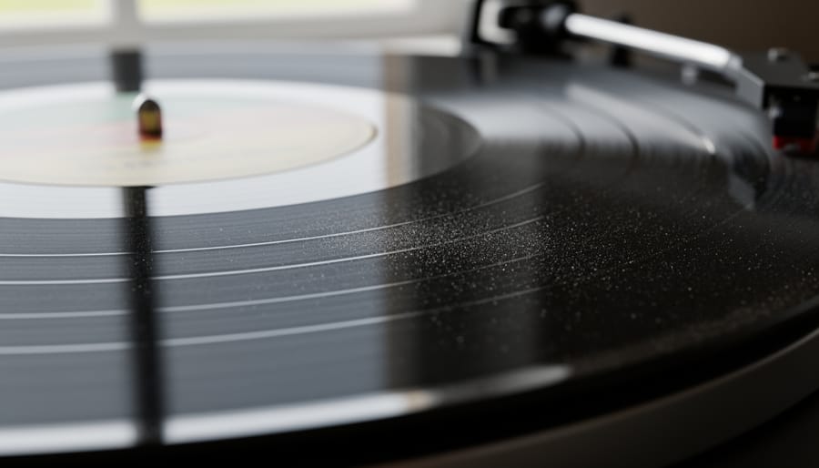 Close-up macro view of reflective vinyl grooves with subtle rainbow reflections from nearby album artwork