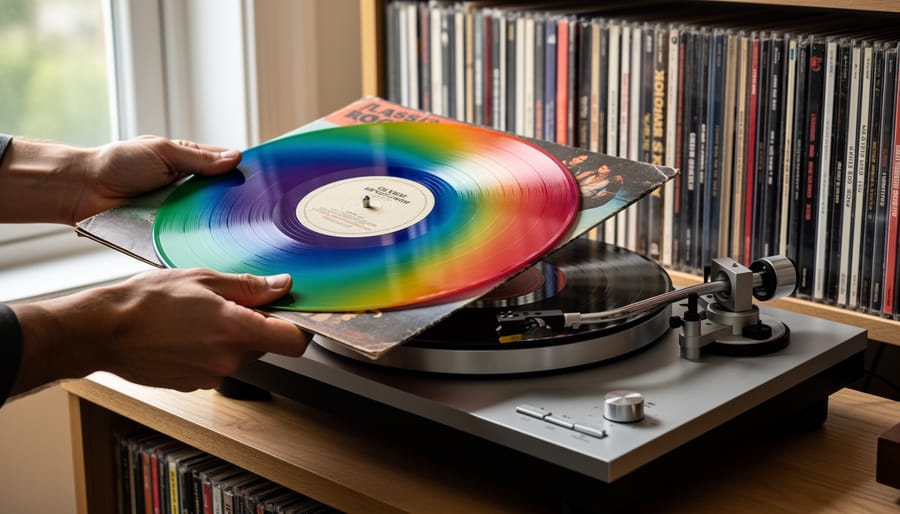 Hands placing a vinyl record onto a turntable platter with blurred classic rock records on shelves in the background