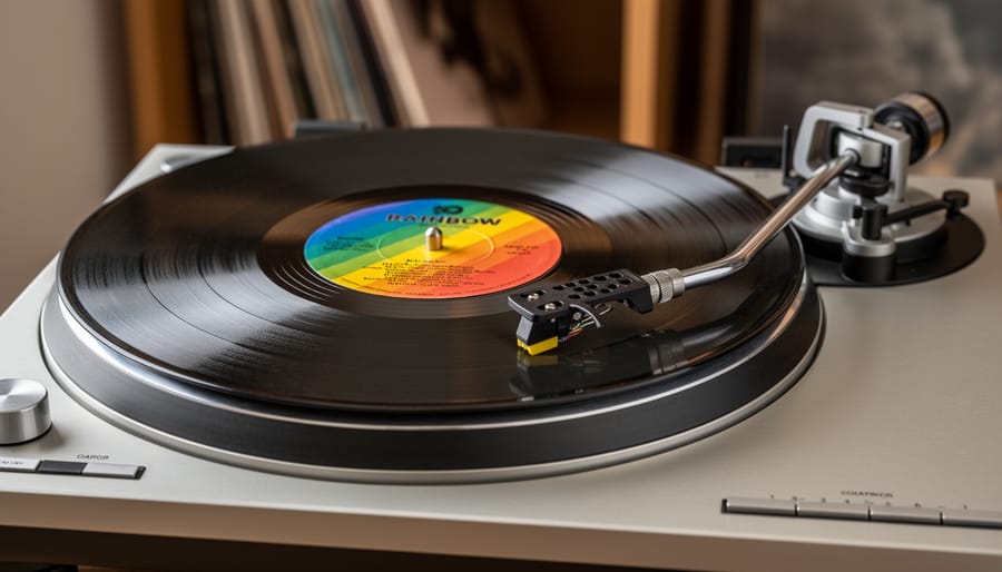 Rainbow 1975 vinyl record sleeve and record displayed on a turntable with colorful artwork visible but no readable text