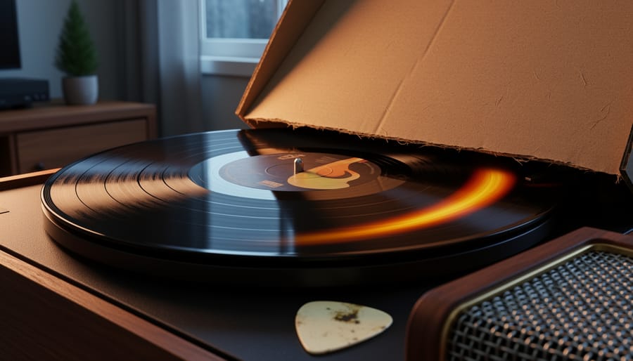 Spinning vinyl record on a turntable with warm rainbow-like reflections on the grooves and subtle vintage classic rock elements in the background.