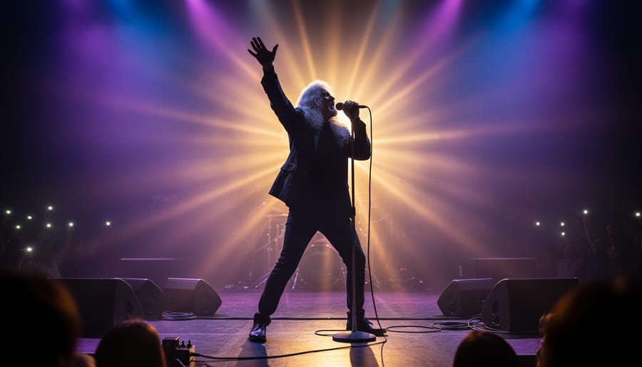 Singer silhouette with a microphone performing under purple and blue stage lights