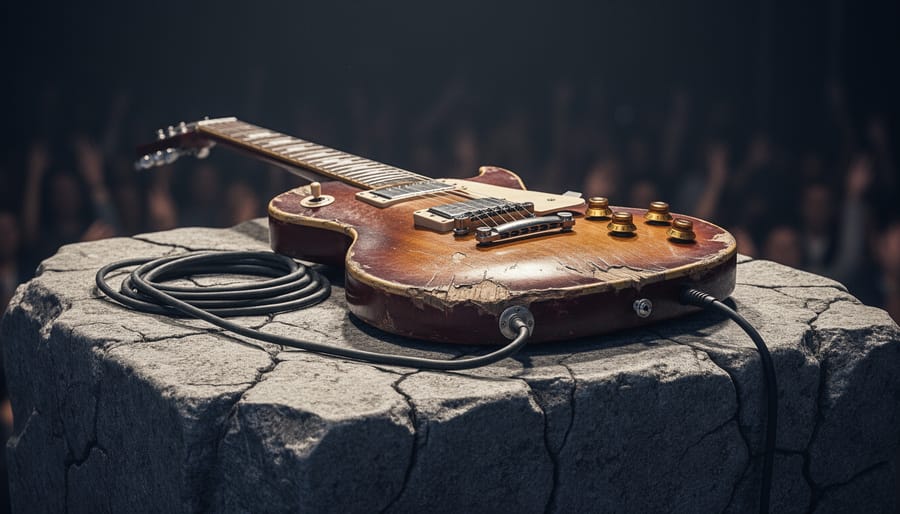 Electric guitar on a stone pedestal with dramatic lighting and a rocky, moody background
