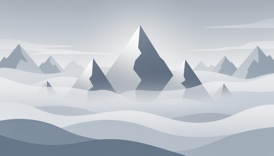 Mist-covered mountain ridge glowing silver-blue at sunrise with rocky foreground