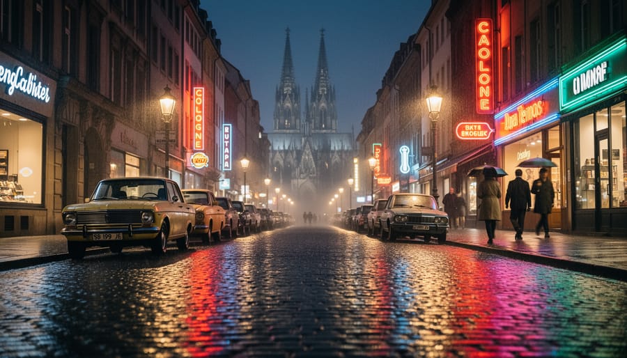 Nighttime view of wet streets in Cologne with purple and blue light reflections and a blurred distant building