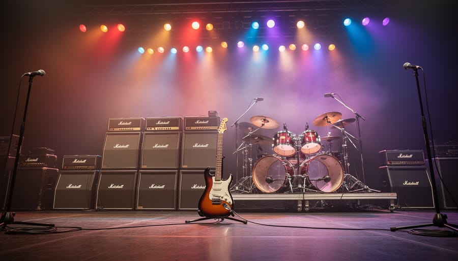 Low-angle view of a 1970s rock concert stage with amplifier stacks and colorful stage lighting, evoking Rainbow’s 1976 era