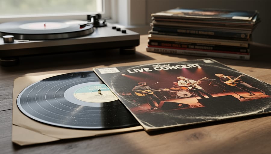 Close-up of a weathered vinyl record sleeve and vinyl grooves on a studio table